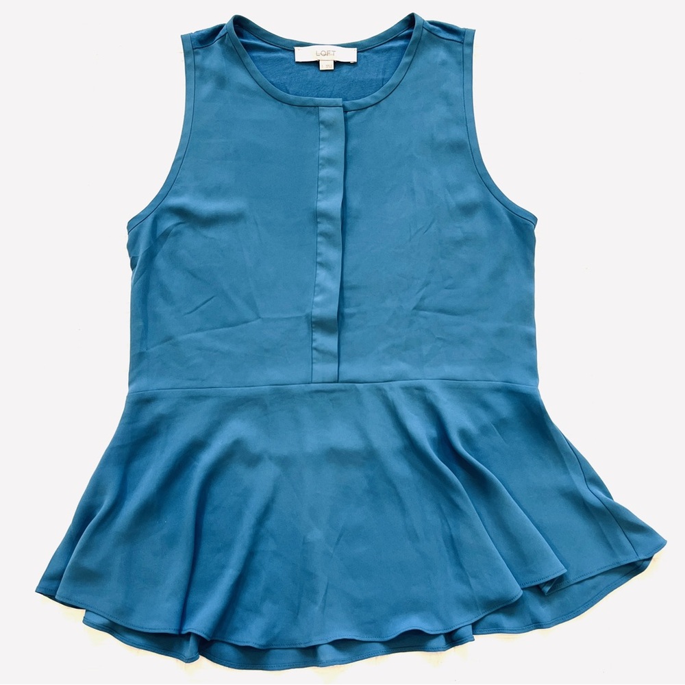 LOFT Cornflower Blue Sleeveless Blouse with Peplum Hem EUC